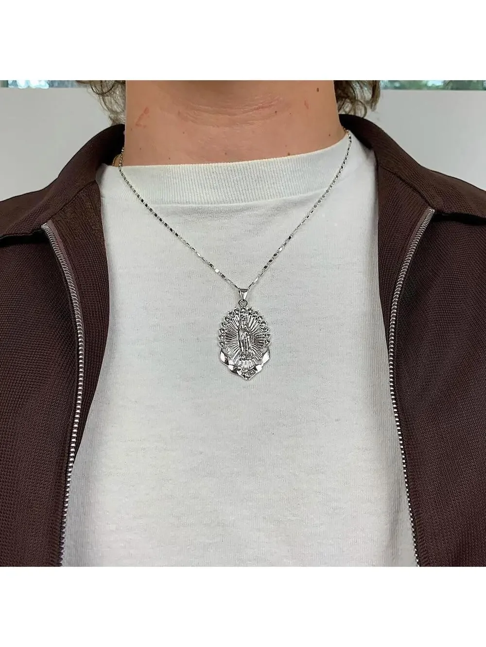 Silver Saint Marry rhinestone pendant y2k 90s style necklace chain. Grunge punk